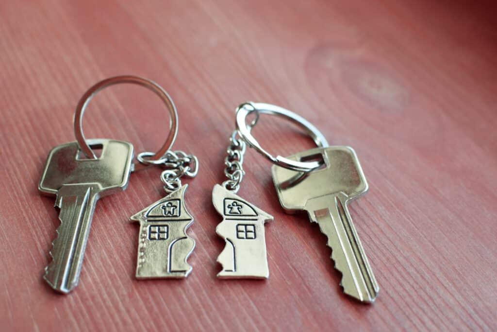 Two keys with a split house on each keychain