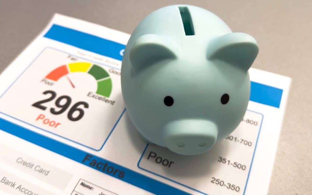 A piggy bank on top of a credit report